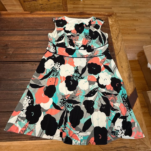 dressbarn Dresses & Skirts - Dressbarn Women 16W Floral Empire Waist Sleeveless Fit Flare Dress Teal Coral